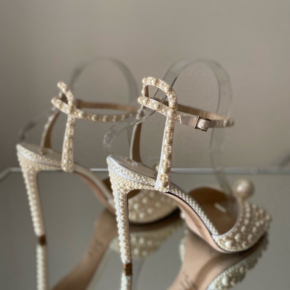 Like new Jimmy Choo Sacora 100 White Satin Sandals with All Over Pearls $1,950 - Picture 15 of 17